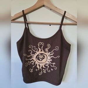 3/$20 Brown Gold Sun Cropped Graphic Tank Top